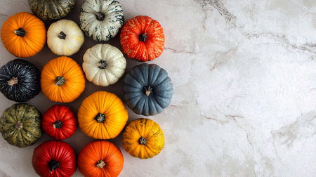A collection of colorful decorative pumpkins on a light background.の素材