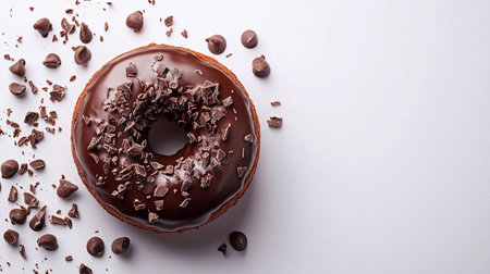 Appetizing chocolate donut, generously covered with glaze and sprinkled with pieces of dark chocolate.の素材
