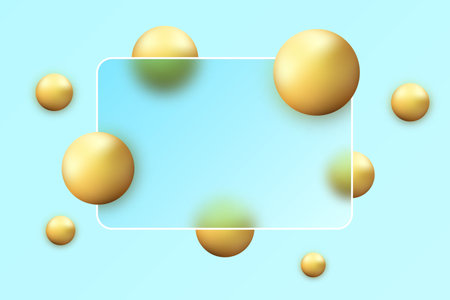 Golden 3D Spheres on Light Blue Background with a Frame.のイラスト素材