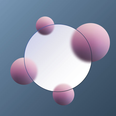 Abstract background with four pink balls and a glass circle.