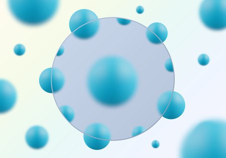 Abstract cyan spheres on a background and a central transparent glass-morphism style discのイラスト素材