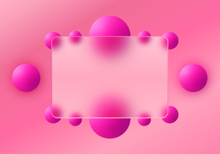 Glass morphism style frame among numerous bright pink 3D spheres on a monochrome background.のイラスト素材