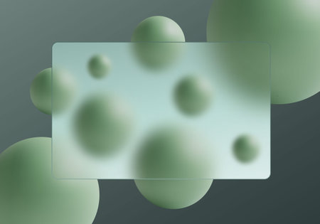 Wide transparent panel on a dark background with chaotically arranged green spheresのイラスト素材