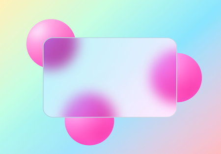 Glass morphism style frame with pink 3D spheres on a vibrant gradient background.