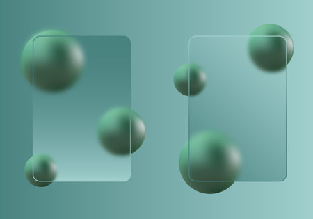 Two transparent frosted glass frames and volumetric green spheres.のイラスト素材