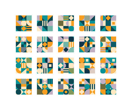Set of abstract geometric patterns in Bauhaus style with various shapes and forms