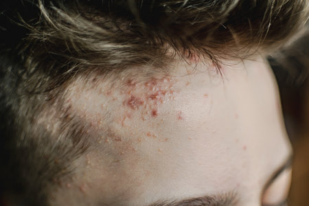 Close-up of acne on the face of a young man.の写真素材