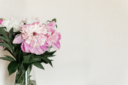 Bouquet of peonies in a vase on a white backgroundの写真素材