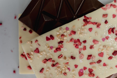 close up of a chocolate bar with heart shape sprinkles on topの写真素材