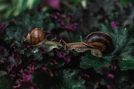 Snails on a green leaf in the garden. Shallow depth of fieldの写真素材