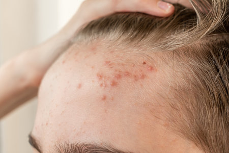 Close-up of a woman with acne on her face in a beauty salonの写真素材
