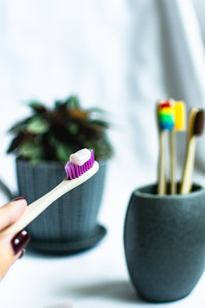 Toothbrush and toothpaste in a flowerpot on a white backgroundの写真素材