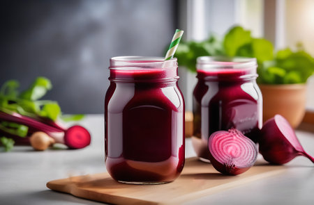 Beetroot smoothie in glass jar with fresh beetroot on wooden boardの素材