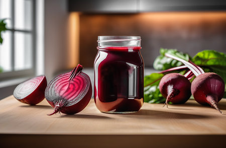 Glass jar of fresh beetroot juice with fresh beetroots on wooden tableの素材
