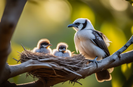 Babbler and chicks in a nest on a tree in natureの素材