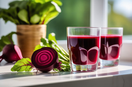 Beetroot juice in a shot glass with fresh beetroots.の素材