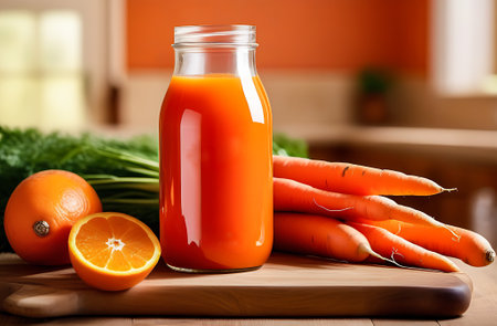 Bottle of carrot juice with fresh carrots on wooden table in kitchenの素材