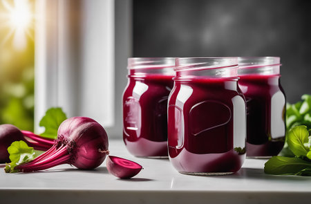 Glass jars with fresh beetroot juice on a kitchen countertop.の素材