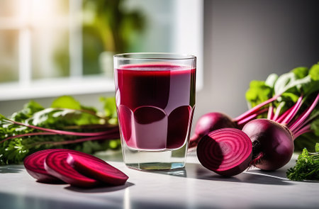 Glass of fresh beetroot juice with ingredients on white table in kitchenの素材
