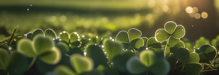 Green leaves of a clover with dew drops in the sunlightの素材