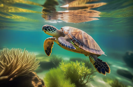 World Turtle Day. Environmental Protection Day. the concept of environmental protection. The turtle swims in the water, the sun's rays penetrate through the waterの素材