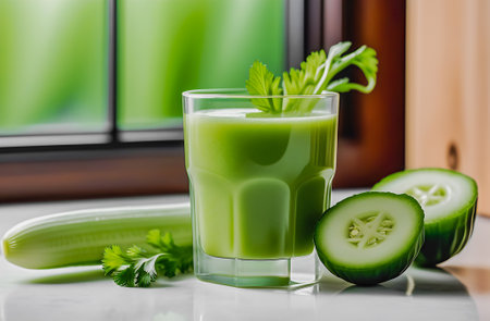 healthy eating, food, dieting and vegetarian concept - glass jug or mug with green juice, fruits and vegetables on white tableの素材