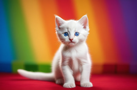 A cute little white kitten with blue eyes sits against the background of the LGBT community flag, Pride Monthの素材