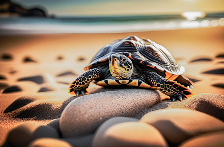 World Turtle Day. Turtle on the seashore in the morning light. close-up