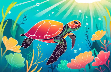 World Turtle Day. Sea turtle on the background of the sea and algae. Vector illustration.の素材