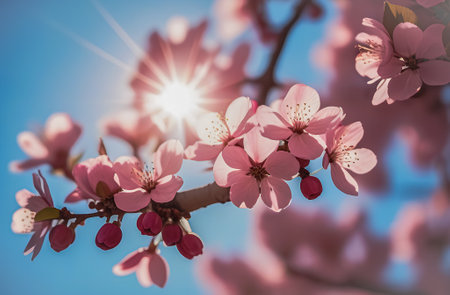 Branch of blossoming sakura with pink flowers on blue sky backgroundの素材