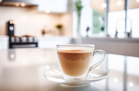 Cup of coffee on the table in the kitchen, stock photoの素材