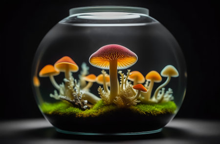 Mushroom in a glass jar with moss on a black backgroundの素材