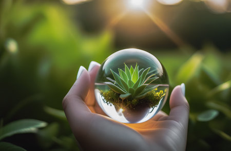 World Earth Day. Hand holding a crystal ball with a green plant inside, eco conceptの素材