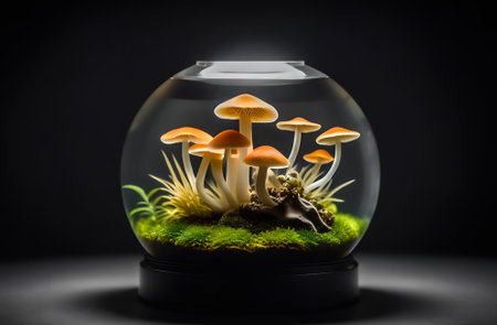 Glass bowl with mushrooms on a dark background. 3d rendering.の素材