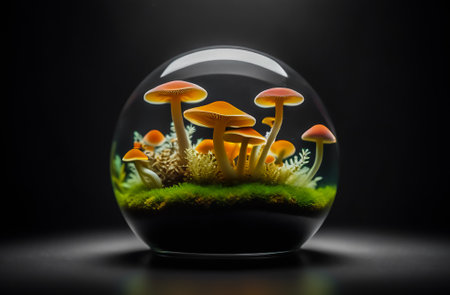 Fungi in a glass bowl on a black background. 3d renderingの素材
