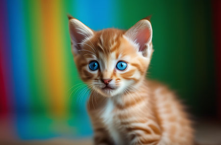 A cute little white kitten with blue eyes sits against the background of the LGBT community flag, Pride Month.の素材