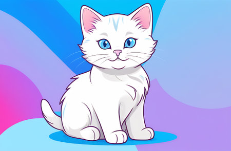 Cute white cat sitting on a blue background. Vector illustration.の素材