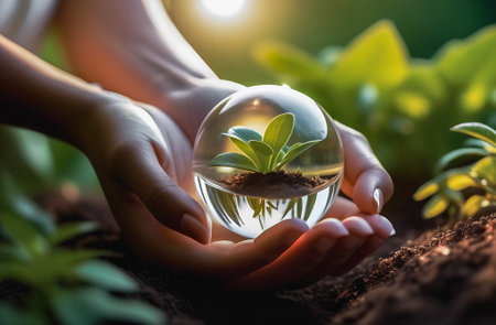 World Environment Day. Close up of hands holding a glass globe with green plant inside. Earth day concept.の素材