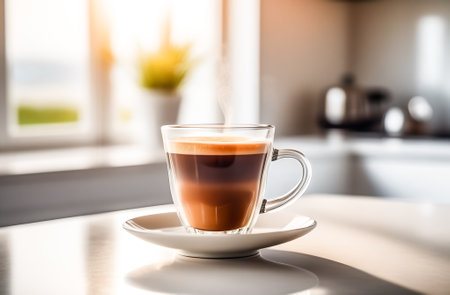 International Coffee Day. A transparent glass cup of coffee stands on the table in a modern bright kitchen. AI generationの素材