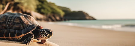 Turtle on the sand near the sea. Panoramic banner. The concept of World Turtle Dayの素材