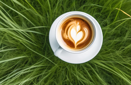 International Coffee Day. Top view of a cup of latte art coffee on green grass backgroundの素材