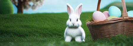 Easter bunny with basket of eggs on green grass, panoramic bannerの素材
