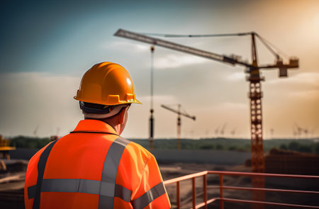 Engineer or architect in safety helmet and reflective vest at construction site.の素材