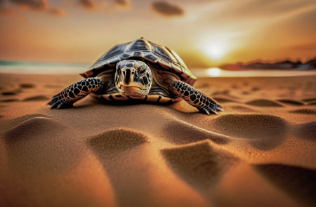 World Turtle Day. Turtle on the beach at sunset. Toned in vintage styleの素材