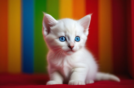 Title: A cute little white kitten with blue eyes sits against the background of the LGBT community flag, Pride Month. generation of AI.の素材
