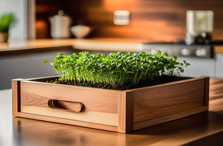Green seedling in a wooden box on a table in the kitchenの素材