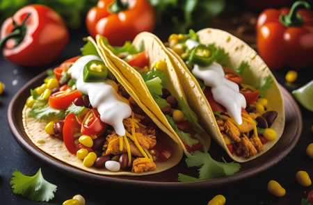 Mexican tacos with meat, vegetables and cheese. Traditional Mexican foodの素材