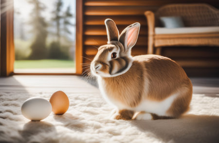 Cute little rabbit and easter eggs on wooden background in sunlightの素材