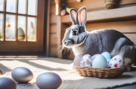 Easter bunny and eggs on wooden background. Selective focus.の素材