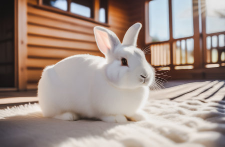Cute white rabbit sitting on the bed in the morning. Selective focus.の素材